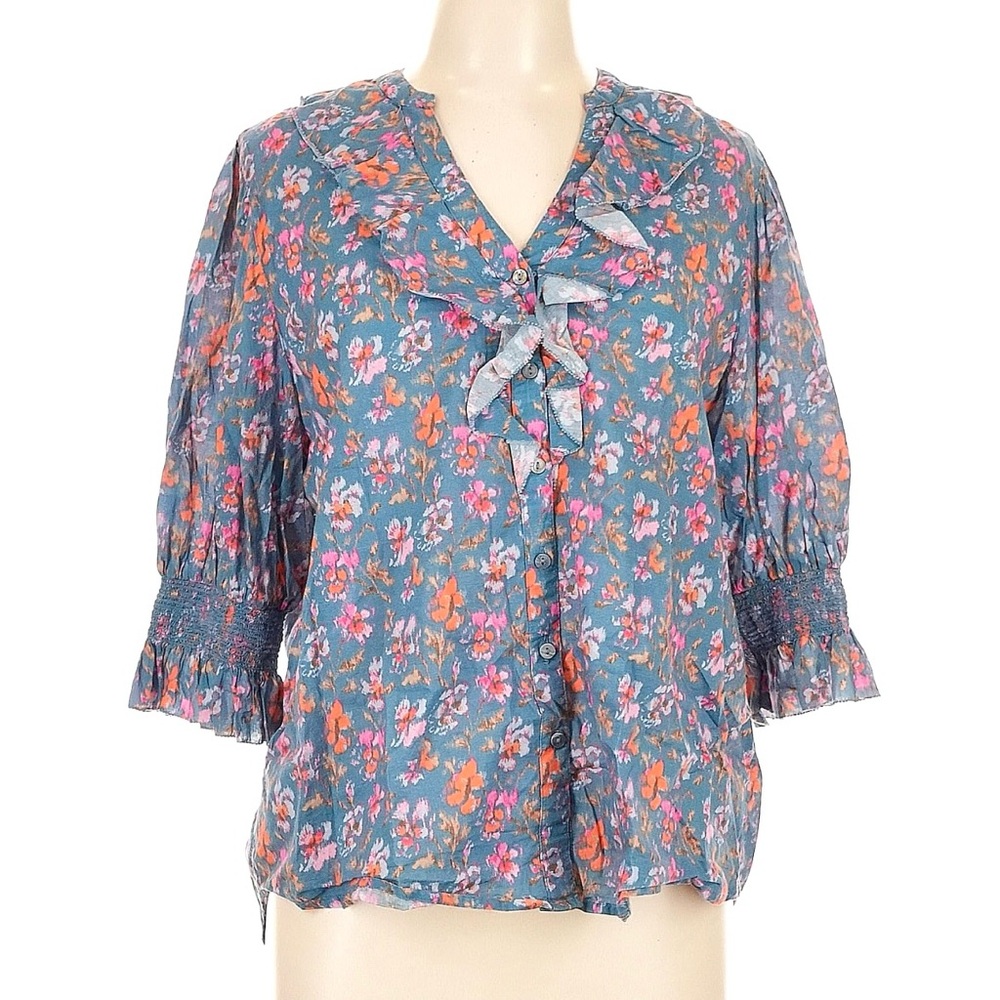 Sundance Blue Floral Ruffle Peasant Women's Top 100% Cotton Boho Western Size M
